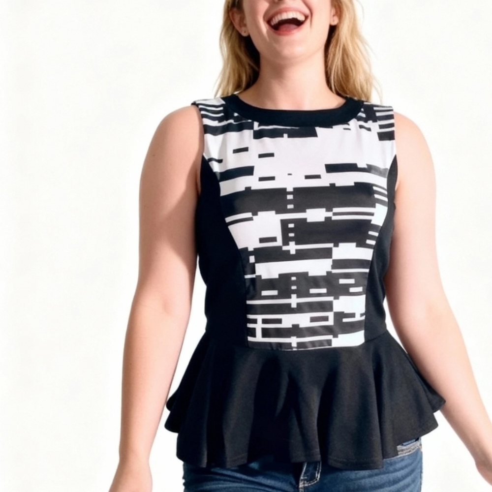 Bella Moda Black & White Grapic on Black Peplum Sleevelees Top L